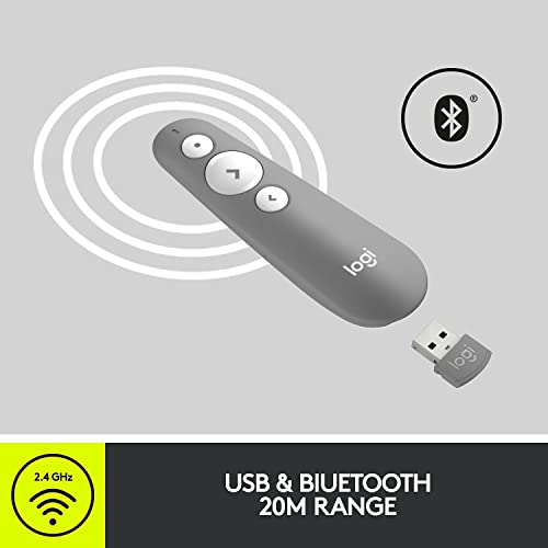 Logitech R500s, dispositivo de presentación láser de Clase 1 Bluetooth y USB/ clicker para presentaciones – Compatibilidad universal, radio de acción de 20 m, personalizable– Gris claro