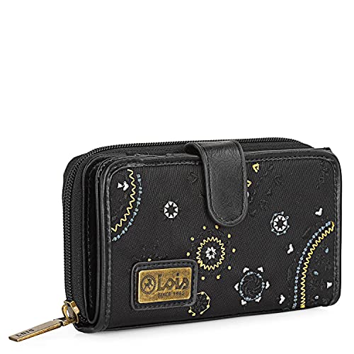 Lois - Cartera de Mujer Grande con Bordados y Motivos Mandala de Marca LOIS. Nylon y Cuero Vegano PU para Uso Diario con Cierre Cremallera y Botón. Protección Antiescaneo RFID 304416, Color Negro