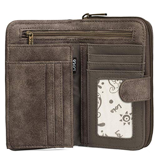 Lois - Cartera de Mujer Grande con Bordados y Motivos Mandala de Marca LOIS. Nylon y Cuero Vegano PU para Uso Diario con Cierre Cremallera y Botón. Protección Antiescaneo RFID 304416, Color Marron