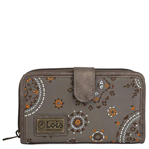 Lois - Cartera de Mujer Grande con Bordados y Motivos Mandala de Marca LOIS. Nylon y Cuero Vegano PU para Uso Diario con Cierre Cremallera y Botón. Protección Antiescaneo RFID 304416, Color Negro