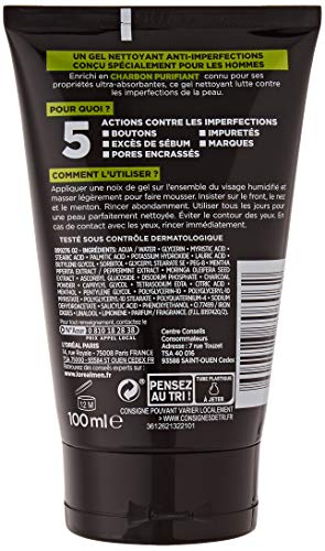 L'Oréal Men Expert - Pur Charbon - Gel Nettoyant Multi-Purifiant Visage Homme - Peaux Grasses - 100 ml