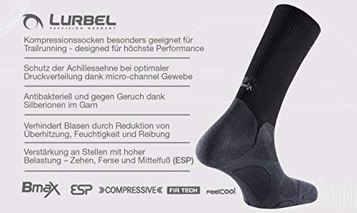 Lurbel Gravity - Calcetines cortos de compresión para deporte, antibacterianos y ergonómicos, para hombre y mujer, gris-negro, 39-42