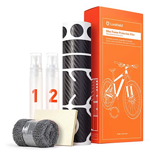 Luxshield Película Protectora de Pintura para Bicicleta de Montaña, BMX, Carretera, Trekking, etc. - Conjunto para Cuadro de 21 Piezas contra Golpes de Piedras - Carbono y Autoadhesivo