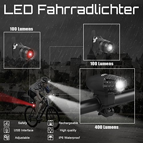 Luz de Bicicleta Recargable USB Set Potente Impermeable – Luces LED Delantera y Trasera para Bici – Ciclismo y Linterna de Montaña