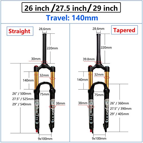 LvTu 26/27,5/29 Pulgadas Aleación de Magnesio Horquilla Delantera Bicicleta de Montaña, Viaje 140mm Presión del Aire Amortiguador Horquilla MTB Suspensión Accesorios para Bicicletas