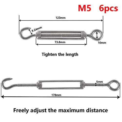 M5 Tensor Gancho Tensor de Alambre Tensor de Acero Inoxidable 304 Tensor Cuerda Tendedero Hook & Ojo Tensor Ajustable Tensores para Cables Toldos 6PCS