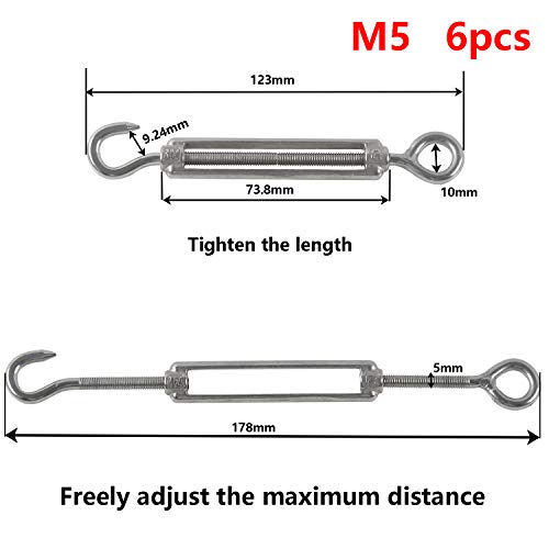 M5 Tensor Gancho Tensor de Alambre Tensor de Acero Inoxidable 304 Tensor Cuerda Tendedero Hook & Ojo Tensor Ajustable Tensores para Cables Toldos 6PCS