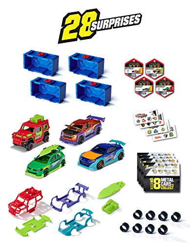 Majorette Tune Ups Series 1 - Juego de 4 Coches de Juguete de Metal con 28 sorpresas para tunear 4 de 18 Coches en Paquete Sorpresa con Accesorios de Tuning (4 Unidades), Color Aleatorio