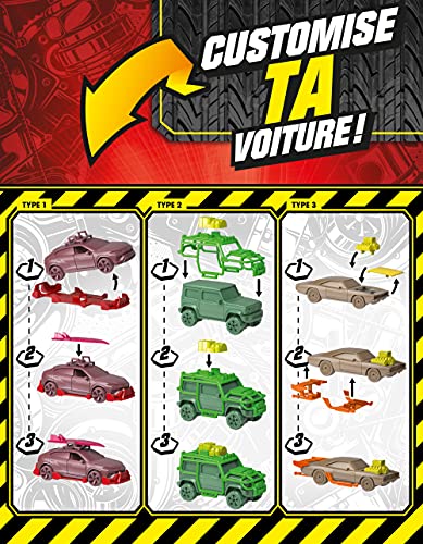 Majorette Tune Ups Series 1 - Juego de 4 Coches de Juguete de Metal con 28 sorpresas para tunear 4 de 18 Coches en Paquete Sorpresa con Accesorios de Tuning (4 Unidades), Color Aleatorio