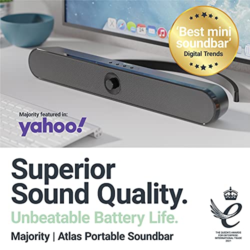 Majority Atlas - Mini Barra de Sonido Bluetooth PC, portátil y con Carga USB, para Ordenador, Juegos, Altavoces portátil, Monitor, conexión a Smart TV, con Jack 3,5 mm, Ranura de Tarjeta microSD, USB