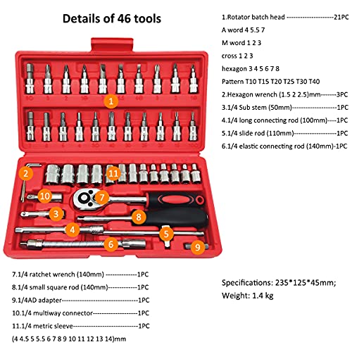 Maletin herramientas profesional,juego llaves carraca 1/4,Llave de Carraca ReversibleLlaves de vaso Torx Juego, Aleado S2,Para Reparar Motocicletas, Bicicleta, Muebles (46 PCS)