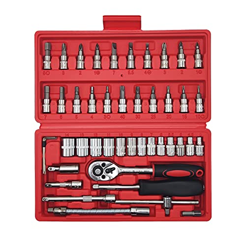 Maletin herramientas profesional,juego llaves carraca 1/4,Llave de Carraca ReversibleLlaves de vaso Torx Juego, Aleado S2,Para Reparar Motocicletas, Bicicleta, Muebles (46 PCS)