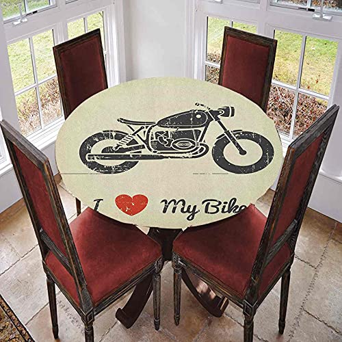 Mantel redondo con bordes elásticos, diseño vintage grunge plano para motocicleta y texto I Love My Bike Silhouette, diseño varonil, 91 cm de diámetro, gris carbón, caqui