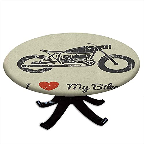 Mantel redondo con bordes elásticos, diseño vintage grunge plano para motocicleta y texto I Love My Bike Silhouette, diseño varonil, 91 cm de diámetro, gris carbón, caqui