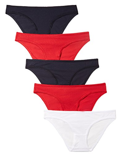 Marca Amazon - Iris & Lilly Braguita Mujer, Pack de 5, Multicolor (Night Sky/ Scarlet Sage/ White), S, Label: S