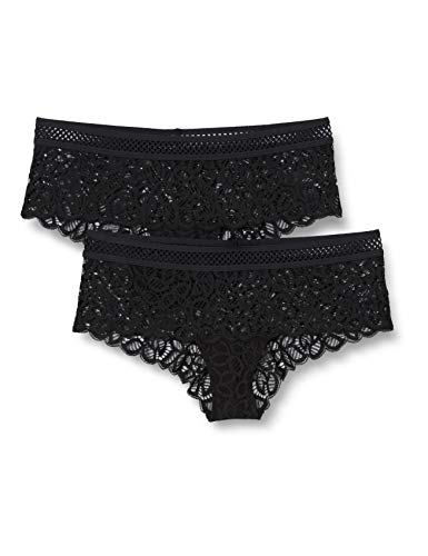 Marca Amazon - IRIS & LILLY Culotte de Crochet y Encaje Mujer, Pack de 2, Negro (Black), XL, Label: XL