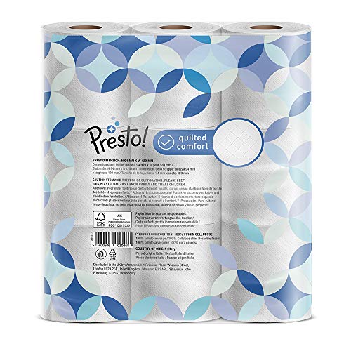 Marca Amazon - Presto! Papel higiénico de 3 capas ACOLCHADO- 36 (4x9) rollos (200 hojas x rollo)- Diseño: Joya