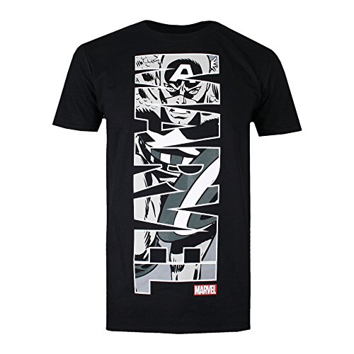 Marvel Capitán América Vertical Camiseta, Negro, S para Hombre