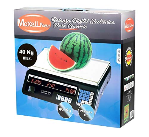 Maxellpower MP-46 BASCULA DE COMERCIO BALANZA COMERCIAL PARA PESAR FRUTA VERDURA 40KG BATERIA SUMA, plastico, Multicolor