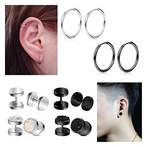 Mayhoop 8 Pares Piercing Oreja Espárragos Falso Piercing Oreja Plugs Acero quirúrgico Plata Negro para Hombre Mujer CZ Pendiente Cartílago de la Oreja Helix Tragus para Hombre