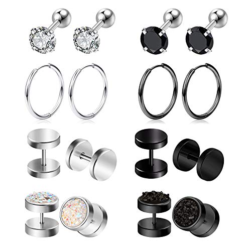 Mayhoop 8 Pares Piercing Oreja Espárragos Falso Piercing Oreja Plugs Acero quirúrgico Plata Negro para Hombre Mujer CZ Pendiente Cartílago de la Oreja Helix Tragus para Hombre