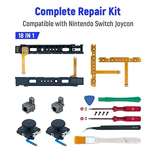 Mcbazel 18 en 1 Kit de Reparación de Repuesto para NS Switch Joy-Con con kit de Destornilladores, Joysticks Analógicos 3D izquierdo-derecho, Bloqueo de hebilla Estuche de accesorios