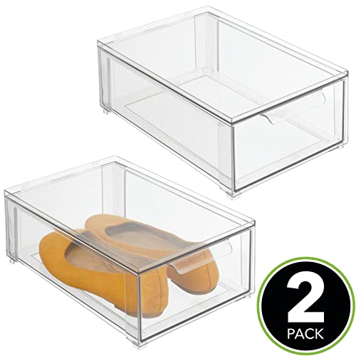 mDesign Caja de plástico transparente – Organizador de armarios apilable y plano con cajón extraíble – Caja para guardar zapatos, accesorios y otros objetos – Juego de 2 – transparente