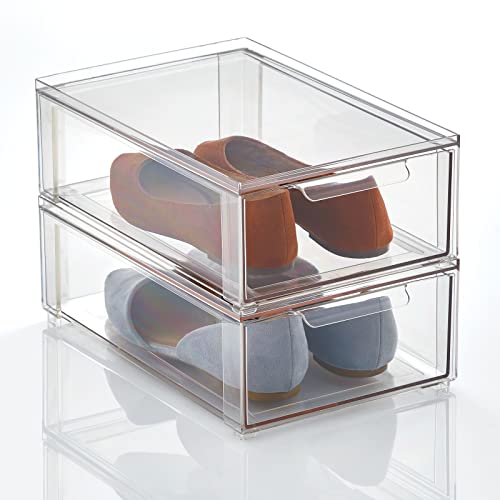 mDesign Caja de plástico transparente – Organizador de armarios apilable y plano con cajón extraíble – Caja para guardar zapatos, accesorios y otros objetos – Juego de 2 – transparente