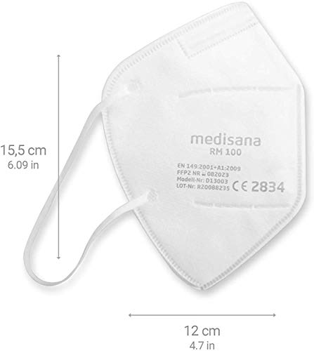 medisana FFP2 mascarilla de protección, RM 100, máscara respiratoria, contra el polvo, 10 piezas empaquetadas individualmente en bolsa de PE con clip - certificado CE2834 - UE 2016/425