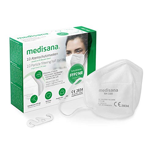 medisana FFP2 mascarilla de protección, RM 100, máscara respiratoria, contra el polvo, 10 piezas empaquetadas individualmente en bolsa de PE con clip - certificado CE2834 - UE 2016/425