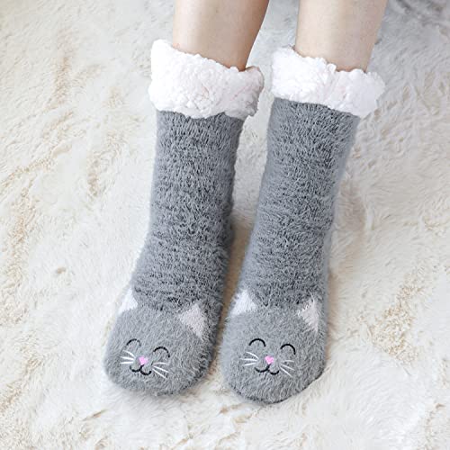 Merclix Calcetines Antideslizantes Mujer, Calcetines Termicos Invierno para Casa, Calcetines Gato Mujer, Calcetines Lana Calentitos, Regalo Mujer Madre