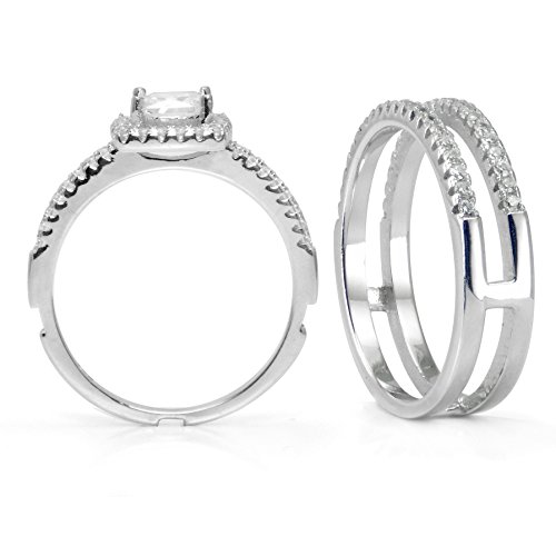 Metal Factory - Juego de 2 anillos de compromiso y alianza de plata esterlina con circonita cúbica, diseño cuadrado, 2 unidades