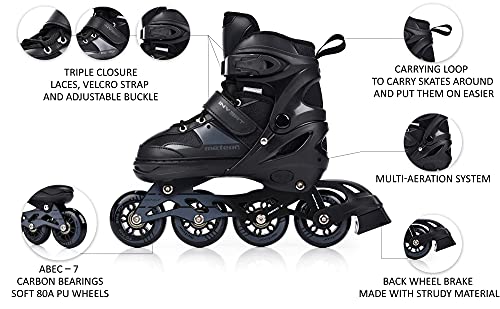 meteor Patines Línea Ajustables para Niños Jouvenes y Adolescentes Mujer y Hombre Patines de Linea con ABEC7 - Forro Interior - Tamaño Ajustable (M, Invert Black)