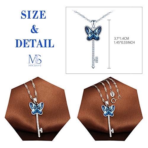 MICSAVI Collares de plata de ley 925 para mujer, collar con forma de llave colgante de mariposa con cristal azul, circonita cúbica, collar de plata con exquisita caja