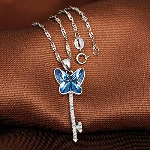 MICSAVI Collares de plata de ley 925 para mujer, collar con forma de llave colgante de mariposa con cristal azul, circonita cúbica, collar de plata con exquisita caja