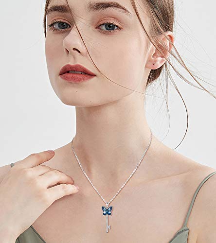 MICSAVI Collares de plata de ley 925 para mujer, collar con forma de llave colgante de mariposa con cristal azul, circonita cúbica, collar de plata con exquisita caja