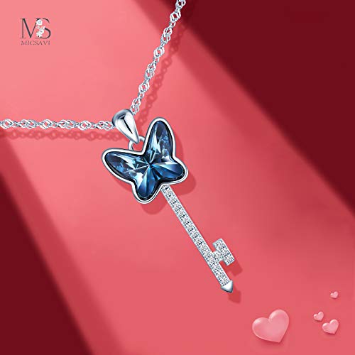 MICSAVI Collares de plata de ley 925 para mujer, collar con forma de llave colgante de mariposa con cristal azul, circonita cúbica, collar de plata con exquisita caja