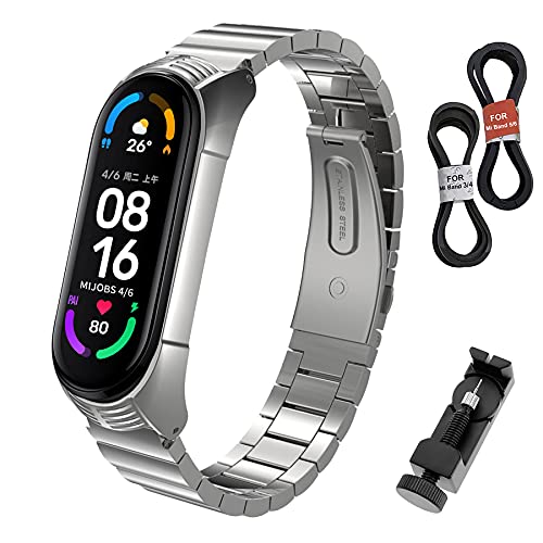 MIJOBS Correa de Metal para Xiaomi Band 6, Xiaomi Band 5/4/3 Correas de Reloj Inteligente para Mi Band 6 Pulseras de Acero Inoxidable Pulsera de Repuesto Compatibles con Xiaomi Mi Band 6/5/4/3