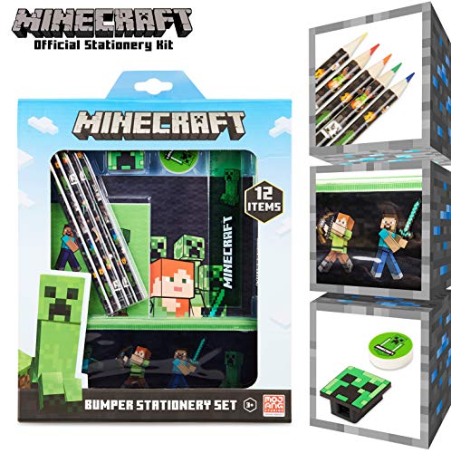 Minecraft Set Papeleria para Niños, Incluye Estuche Escolar Cuaderno A5 Bloc de Notas Lapices Colores Boligrafo, Regalos Cumpleaños Niños Colegio