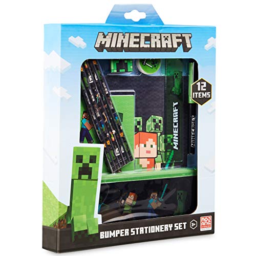 Minecraft Set Papeleria para Niños, Incluye Estuche Escolar Cuaderno A5 Bloc de Notas Lapices Colores Boligrafo, Regalos Cumpleaños Niños Colegio