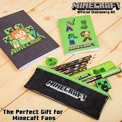 Minecraft Set Papeleria para Niños, Incluye Estuche Escolar Cuaderno A5 Bloc de Notas Lapices Colores Boligrafo, Regalos Cumpleaños Niños Colegio