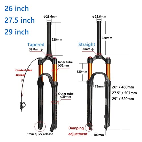 MJCDNB Bicicleta MTB Horquillas 26 27,5 29 Pulgadas Suspensión neumática, Viaje 120 mm Tubo Interior Dorado Descenso Horquilla de Bicicleta Amortiguador