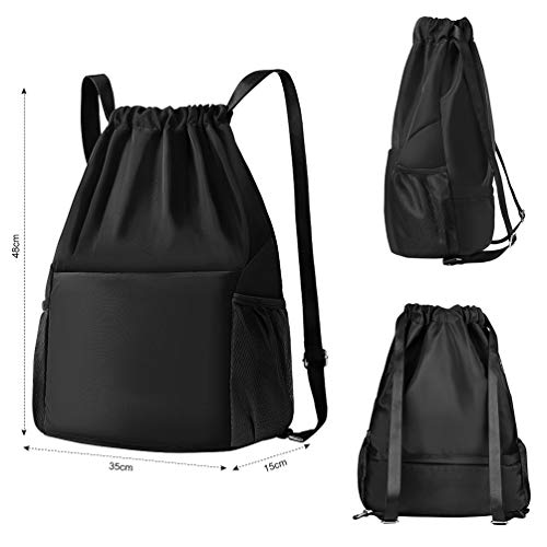 Mochila Cuerdas Mujer Hombre Bolsa - Mochilas de Tela Cuerda Bolso con Cordon Deporte Talega Saco para Playa Gimnasio Gym Deportiva Yoga Adulto Unisex Grande Bolsillo (Negro)