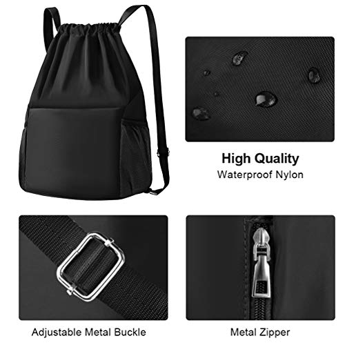 Mochila Cuerdas Mujer Hombre Bolsa - Mochilas de Tela Cuerda Bolso con Cordon Deporte Talega Saco para Playa Gimnasio Gym Deportiva Yoga Adulto Unisex Grande Bolsillo (Negro)