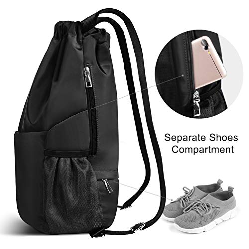 Mochila Cuerdas Mujer Hombre Bolsa - Mochilas de Tela Cuerda Bolso con Cordon Deporte Talega Saco para Playa Gimnasio Gym Deportiva Yoga Adulto Unisex Grande Bolsillo (Negro)