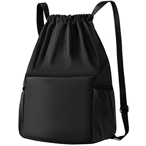 Mochila Cuerdas Mujer Hombre Bolsa - Mochilas de Tela Cuerda Bolso con Cordon Deporte Talega Saco para Playa Gimnasio Gym Deportiva Yoga Adulto Unisex Grande Bolsillo (Negro)