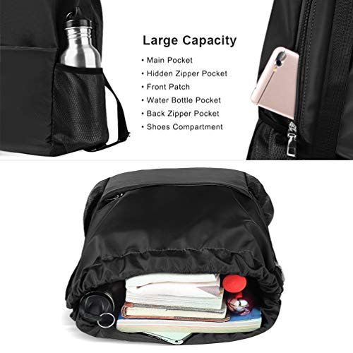 Mochila Cuerdas Mujer Hombre Bolsa - Mochilas de Tela Cuerda Bolso con Cordon Deporte Talega Saco para Playa Gimnasio Gym Deportiva Yoga Adulto Unisex Grande Bolsillo (Negro)