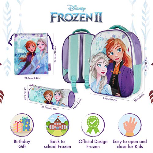 Mochila Infantil 3D, Estuche Escolar y Bolsa Merienda de Cuerdas Frozen 2 Diseño Exclusivo – Frozen | Mochilas Escolares para Niñas y Niños de 3 Años | Material Escolar Vuelta al Cole de Frozen