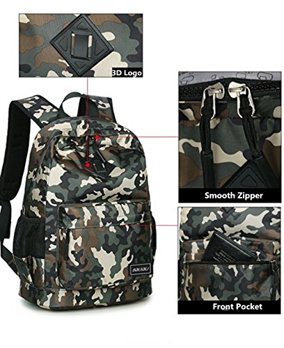 Mochilas Camuflaje Escolares, Bolsa de Escuela para niña Mochila de Nylon Resistente al Agua Mochila para Laptop para Estudiantes - Bolsa de Viaje Casual para niños (Verde)