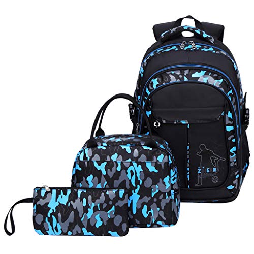 Mochilas Escolares Juveniles, Mochila Niño Camuflaje 3 en 1 Bolsas Escolares Impermeables Gran Capacidad(Azul)